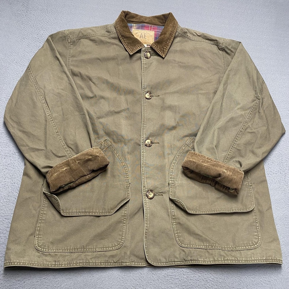 VTG American Eagle Jacket Mens XL Green Canvas Corduroy Collar Lined Chore y2k